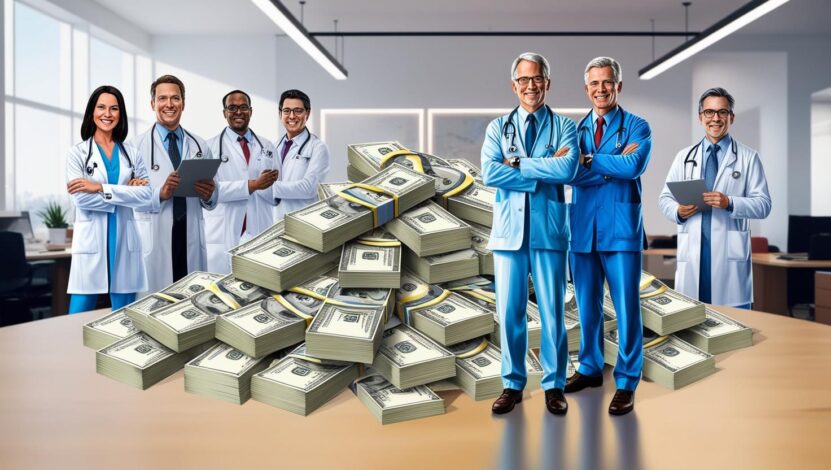 A symbolic display of medical workers and money.